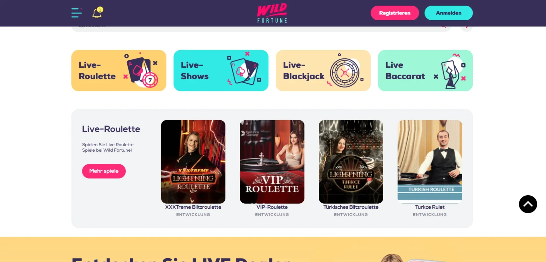 Live-Casino-Bereich von Wild Fortune mit Live-Dealer-Kategorien