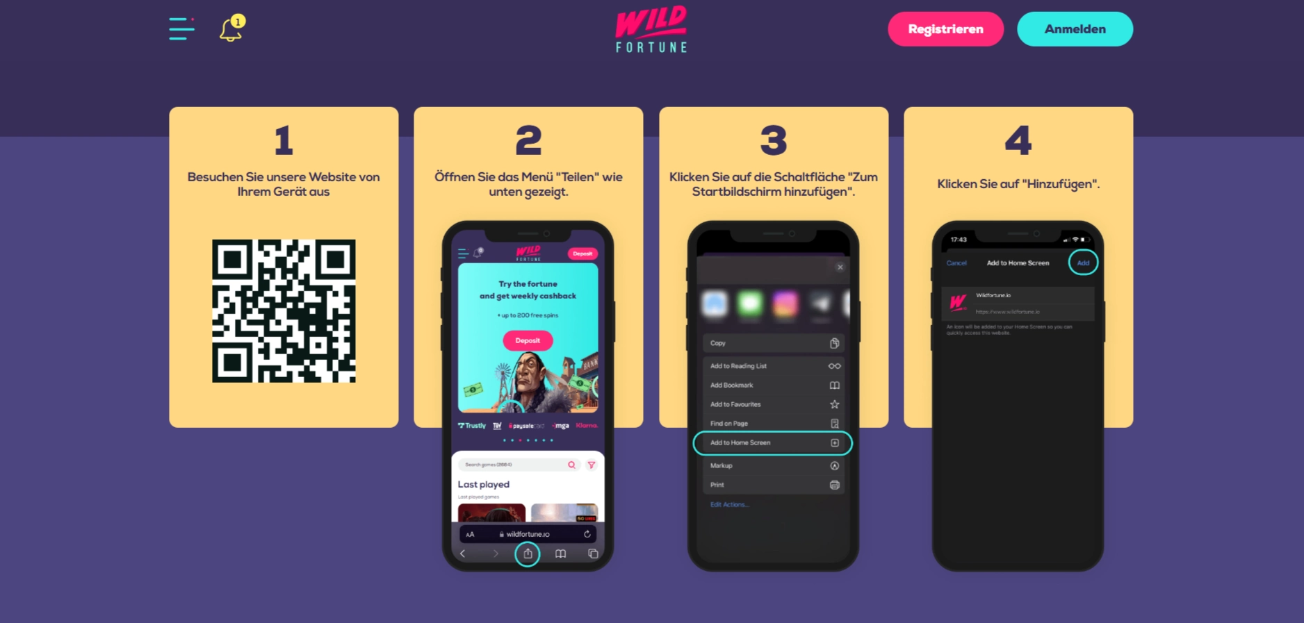 Offizielle Wild Fortune Anleitung zum Hinzufügen der Web-App zum Startbildschirm