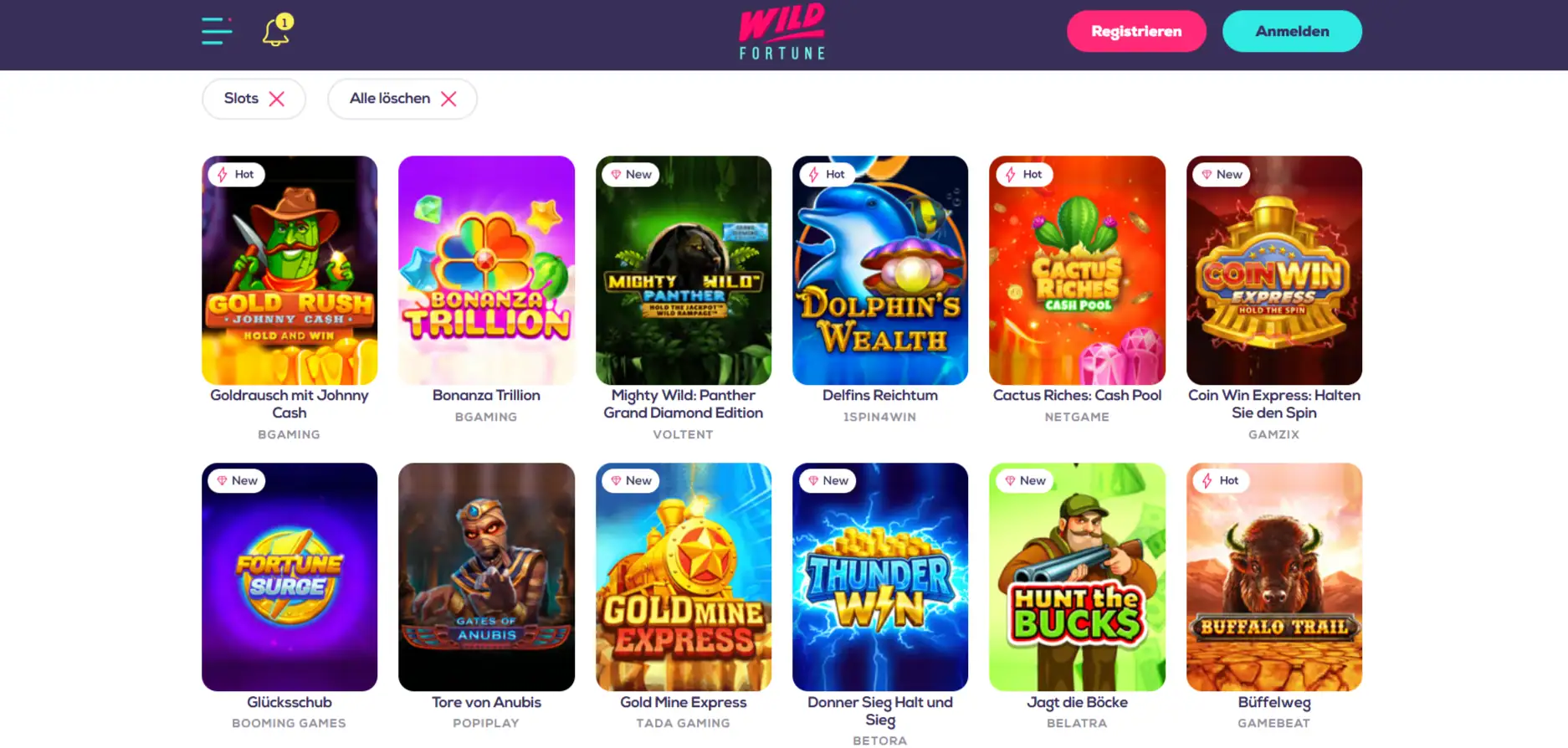 Aktuelle Wild Fortune Slotübersicht mit realen Slot-Kacheln und Kategorien