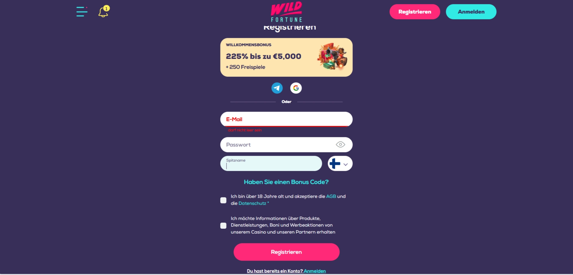 Aktuelle Wild Fortune Registrierungsoberfläche ohne personenbezogene Daten