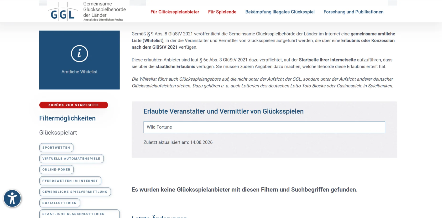 Aktuelle GGL Whitelist mit Suche nach Wild Fortune oder Metlait