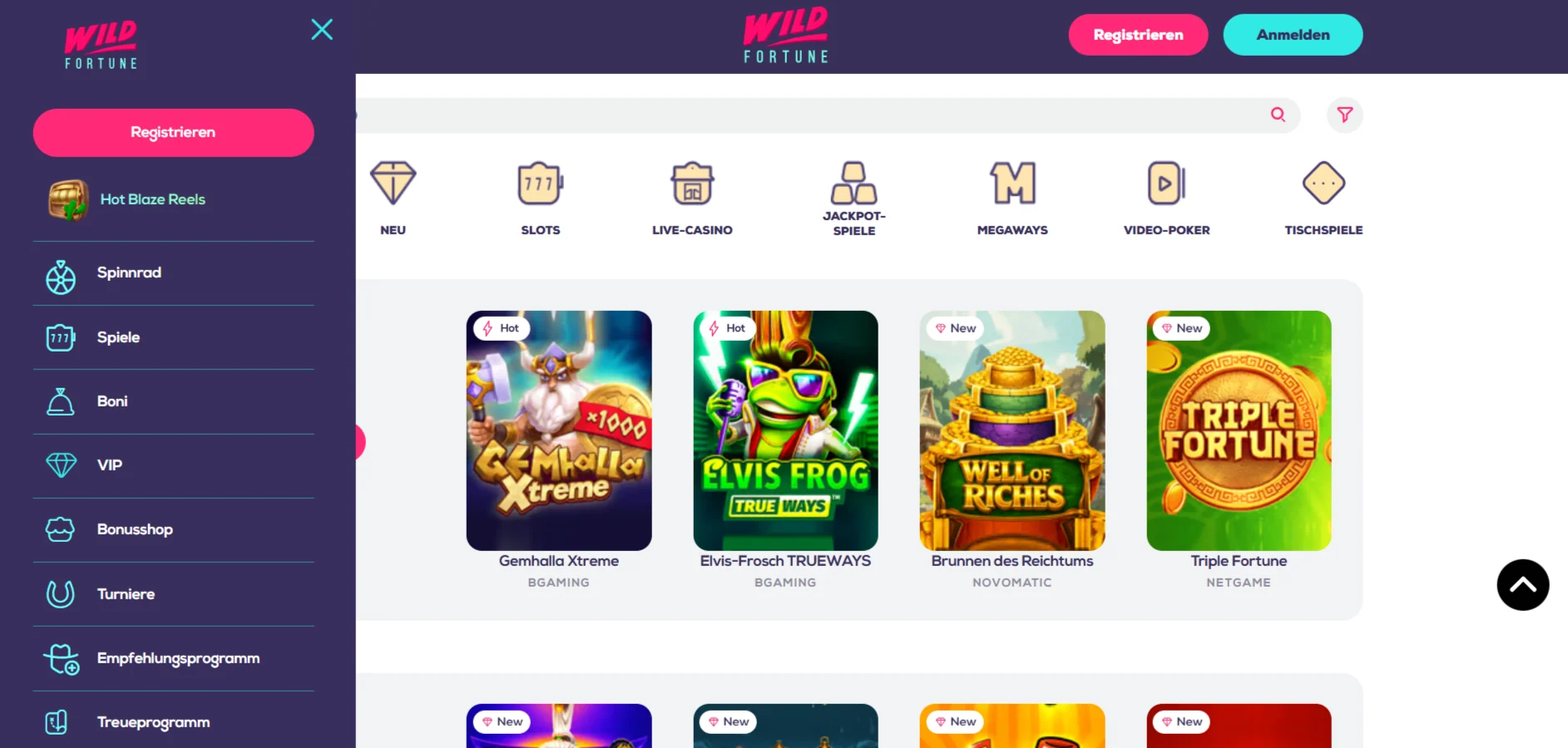 Aktuelle deutsche Spieleübersicht von Wild Fortune mit Casino-Kategorien und Spielkacheln