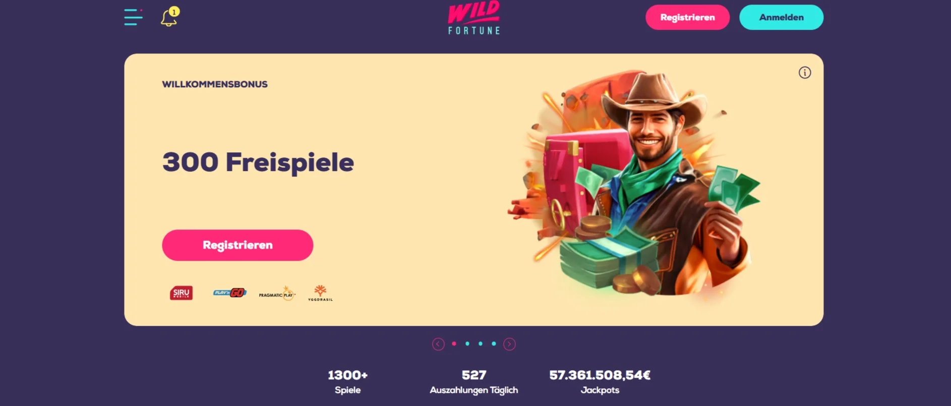 Deutsche Wild Fortune Casino Startseite mit Markenauftritt und Willkommensangebot