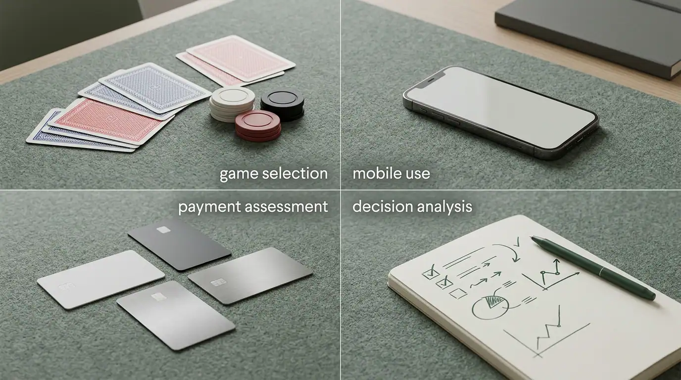 Illustration einer analytischen Casino-Bewertung mit Spielen Zahlungen und Smartphone